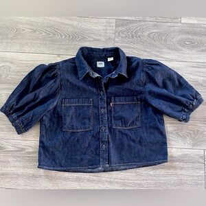 LEVIS Alice Dark Blue Denim Button Down Short Puff Sleeve Blouse Large